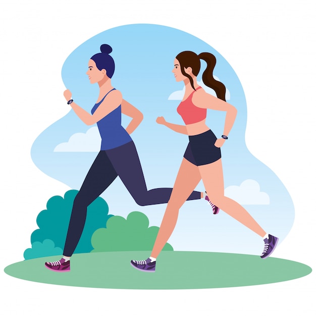 Women running in landscape, women in sportswear jogging, female athlete, sporty persons