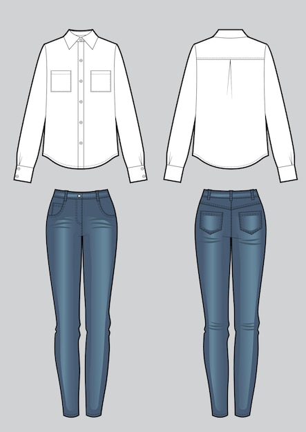 Vettore completo da donna composto da camicetta e jeans skinny blu. modelli vettoriali davanti, viste posteriori per il design della moda. aspetto alla moda. isolato su sfondo bianco.