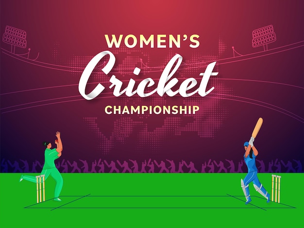 Vector women's cricket championship concept with participating players of india vs pakistan on stadium background