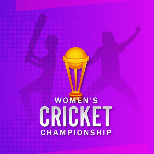 Women's cricket championship lettertype met 3d winnende trofee cup en silhouet vrouwelijke cricketspelers op paarse halftone achtergrond