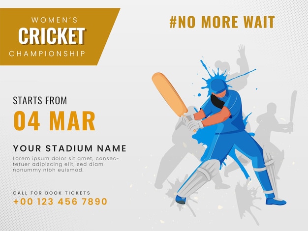 Vector women's cricket championship poster design with female batter player in action pose on gray background