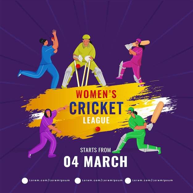 Women's Cricket League Concept With Five Countries Female Cricketer Players In Different Poses And Chrome Yellow Brush Effect On Purple Rays Background