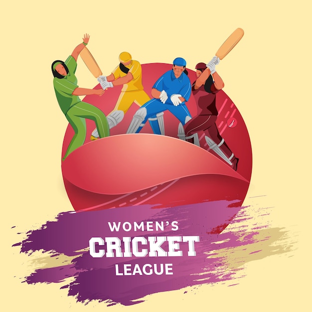 Women's Cricket League Concept With Five Countries Female Players In Different Poses And Purple Brush Effect On Red And Aqua Background