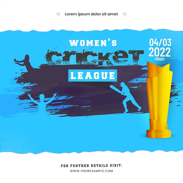 青と白の背景にリアルなゴールデントロフィーカップシルエットの女性プレーヤーと女子クリケットリーグのコンセプト