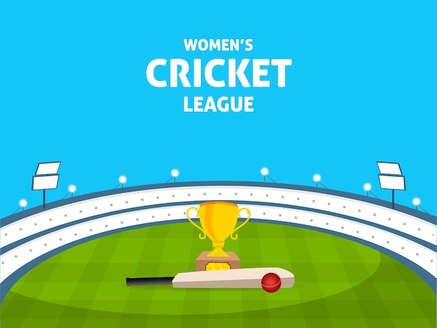 Concetto della lega di cricket femminile con l'illustrazione della mazza della palla della coppa del trofeo vincente sullo sfondo della vista dello stadio