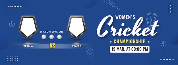 チャンピオンシップコンセプト広告バナーまたはヘッダーデザインの青い背景に旗の盾を持つインド対オーストラリア間の女性のクリケットの試合