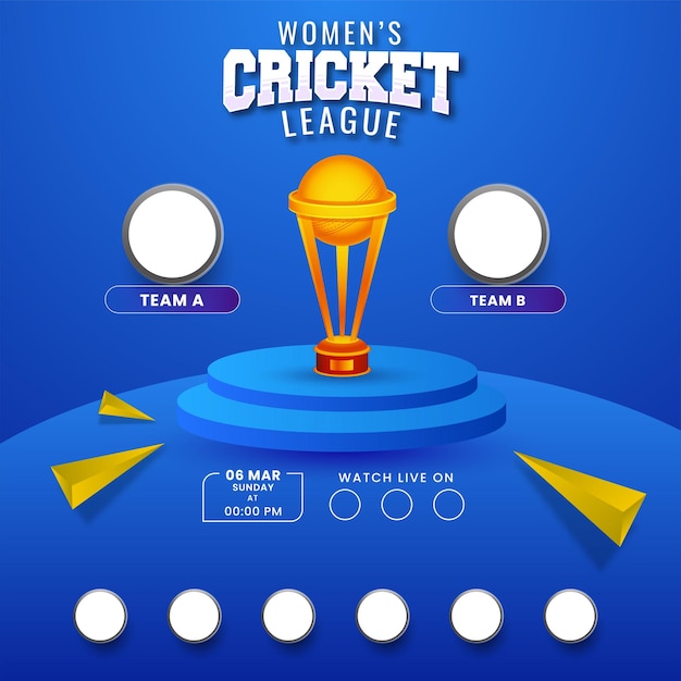 Women's cricket match schedule between pakistan vs india with other participant countries flag badge and 3d winning trophy cup on blue background