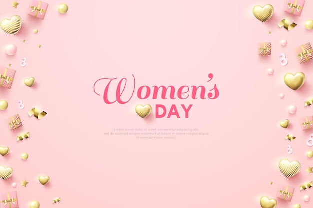 Women's day background with illustration of small gift box and golden love balloons.