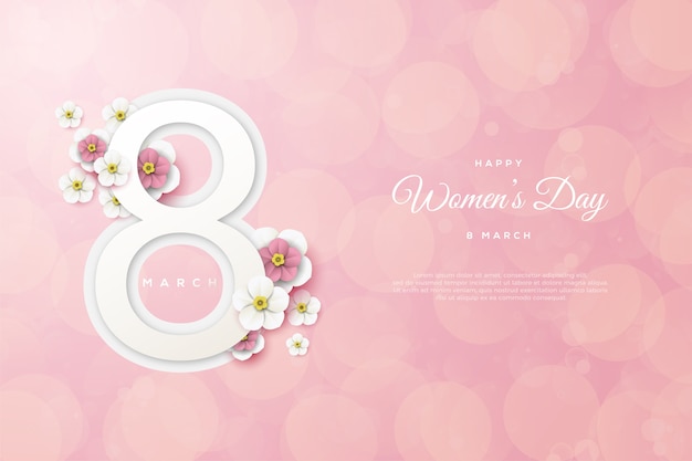 Women's day background with numbers and flowers on pink background.