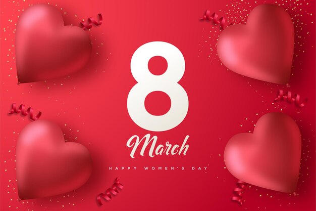 Women's day background with numbers and love balloons on red background