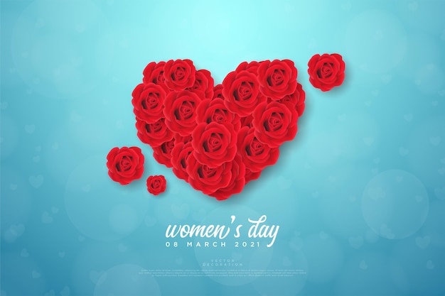 Women's day background with red roses to form love.