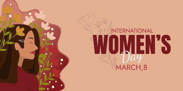 women's day campaign poster background design with vector illustration of brown hair woman with face