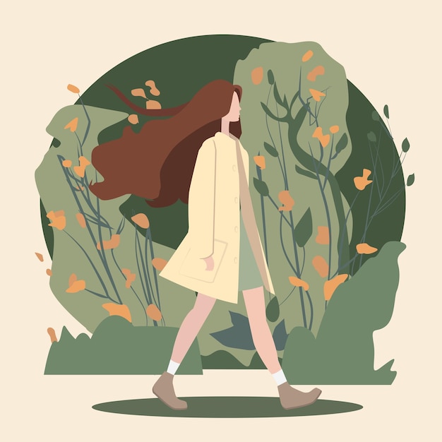 Vector women's day concept. beautiful woman walks among flowers and trees in the park.