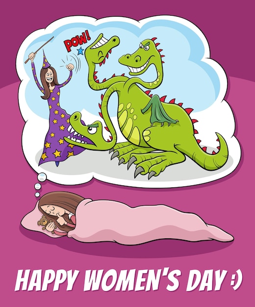 Women's Day design with cartoon woman dreaming