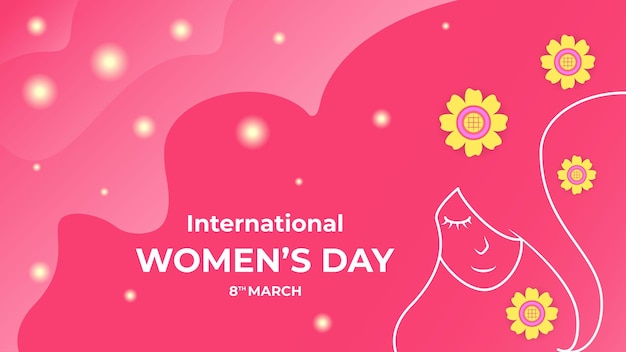 Women's day design with line art illustration of a woman's face closing her eyes and flowers. yellow