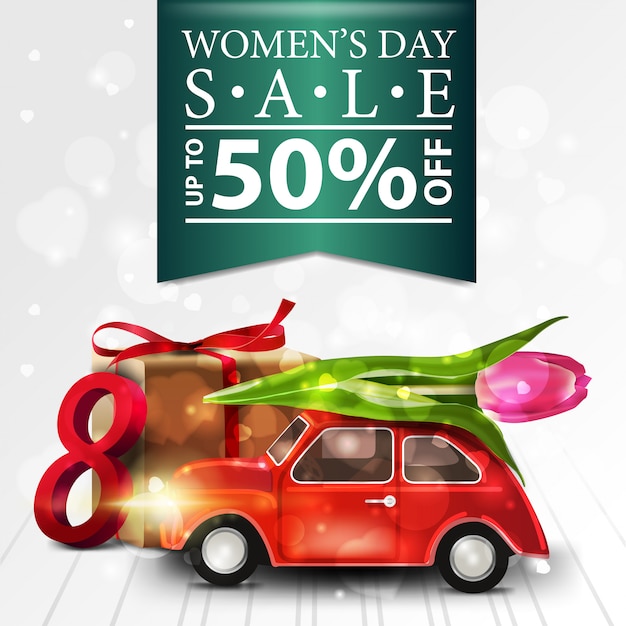 Women's day discount modern white banner with car with Tulip