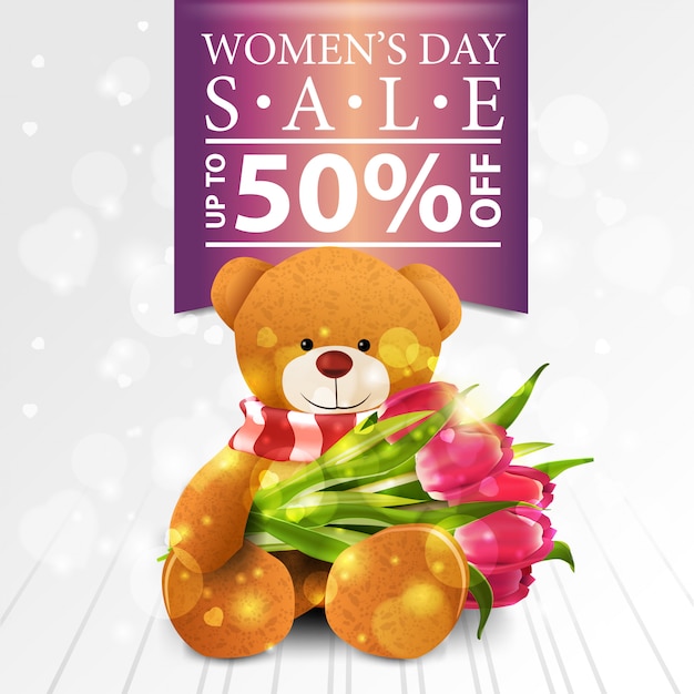 Women's day discount modern white banner with teddy bear