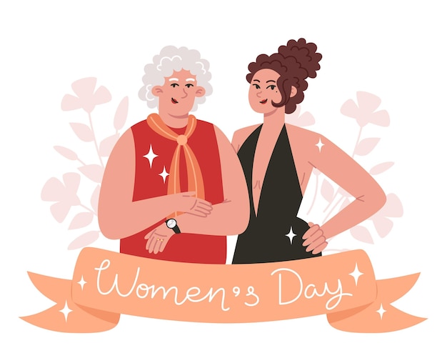 Women's day greeting card with young and senior women in a flat style