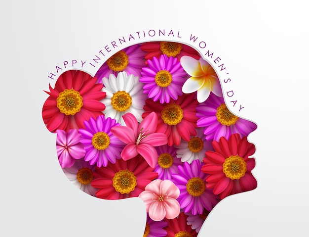 women's day international vector concept design. woman head side face silhouette with blooming