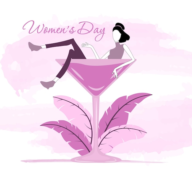 여성의 날. 3월 8일 유리잔에 앉아 있는 여자
