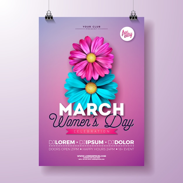 Women's day party flyer with flowers on pink background