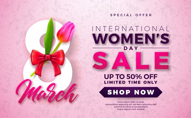 Vector women's day sale design with flower on pink background