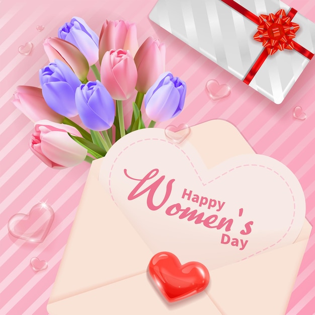 Women's day themed poster in pink color with bouquet of tulips, love letter, gift and heart