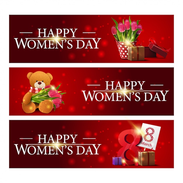 Women's day three red horizontal congratulatory banners