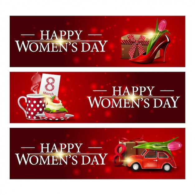 Женский день три красных горизонтальных поздравительных баннера
