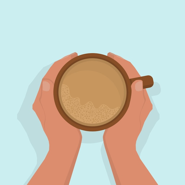 Women's hands are warming, gently holding a cup of hot cocoa, with froth. view from above. on a light blue background, with shadow. flat style.