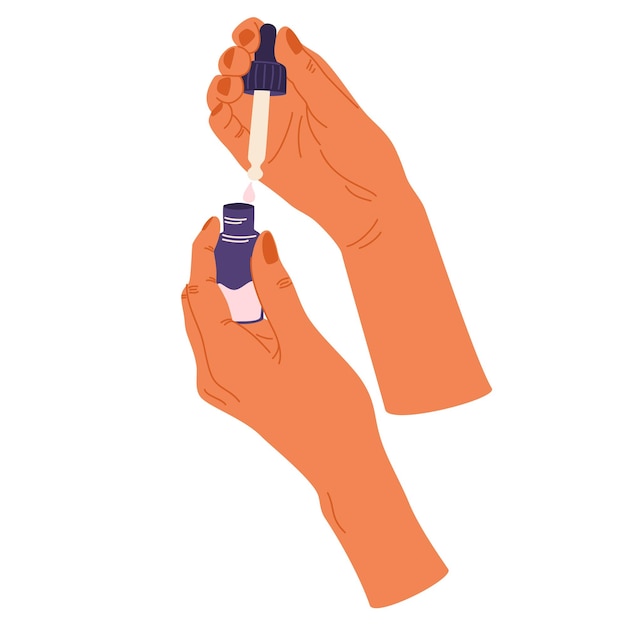 화장품을 들고 있는 여성의 손에 미용 제품 페이셜 마사지가 포함된 항아리의 피펫 손에 매일 피부 관리 루틴 및 위생 개념 벡터 일러스트레이션