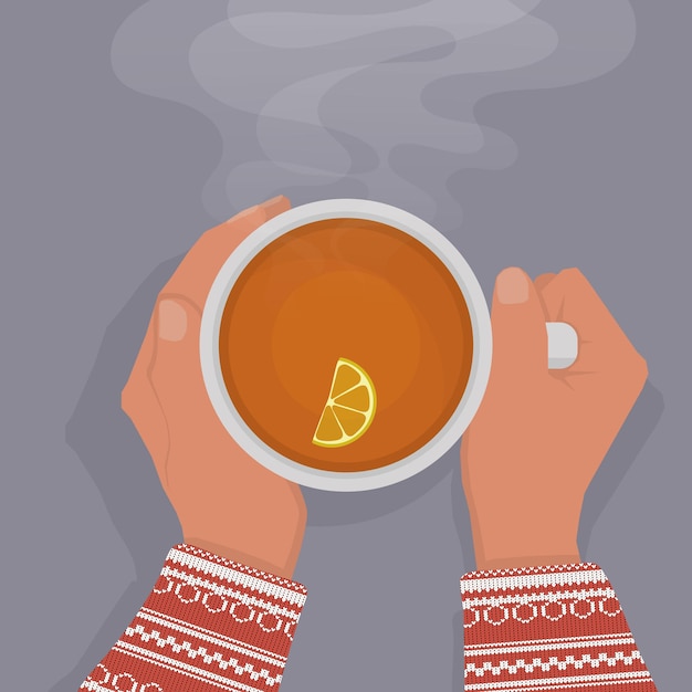 Women's hands in a red sweater are warming, gently holding a cup of black tea with a slice of lemon. View from above. On a gray background, with shadow. Flat style. Evaporation.