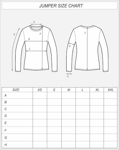 Vector women's jumper size chart front and back fashion cad vector illustration