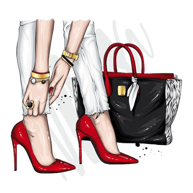 Women's legs in beautiful shoes and a stylish bag