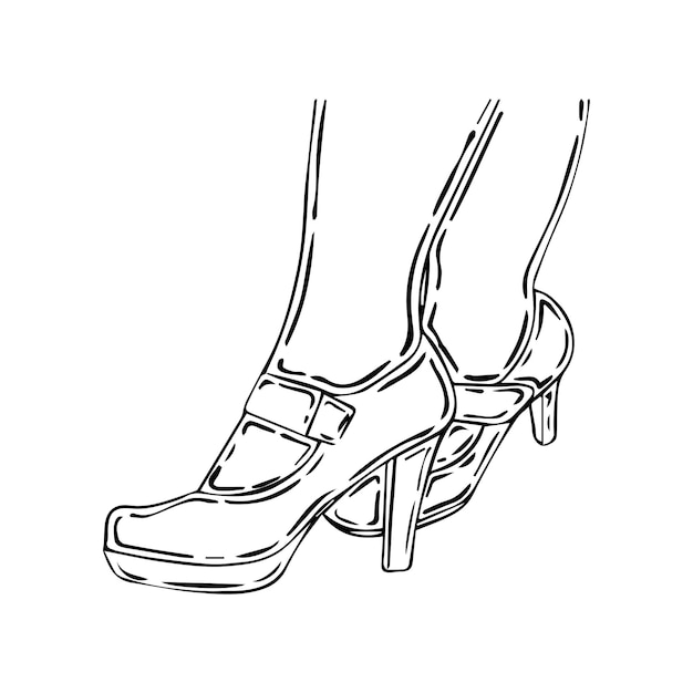 Женские ноги в туфлях на каблуках являются частью линейной мультяшной раскраски человеческого тела