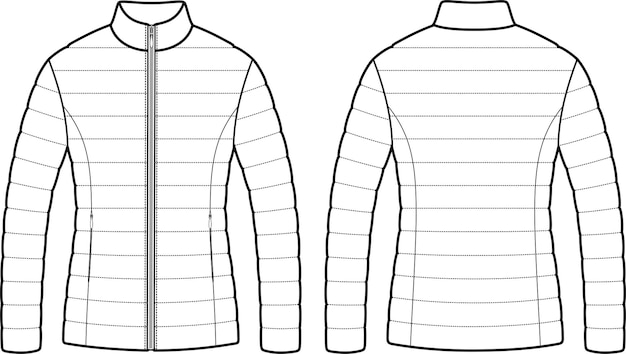 여성용 퀼팅 지퍼 업 재킷 전면 및 후면 패션 CAD 벡터 그림