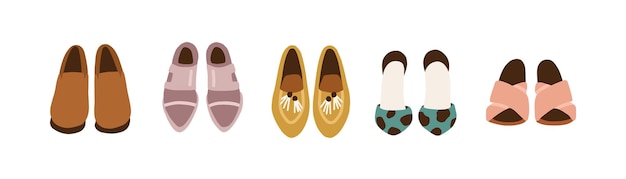 Женский обувной гардероб. Комплект женской модной обуви. Броги, остроносые лоферы, босоножки на высоком каблуке с крестообразными ремешками и летняя обувь с закрытым носком. Плоская векторная иллюстрация изолирована на белом.