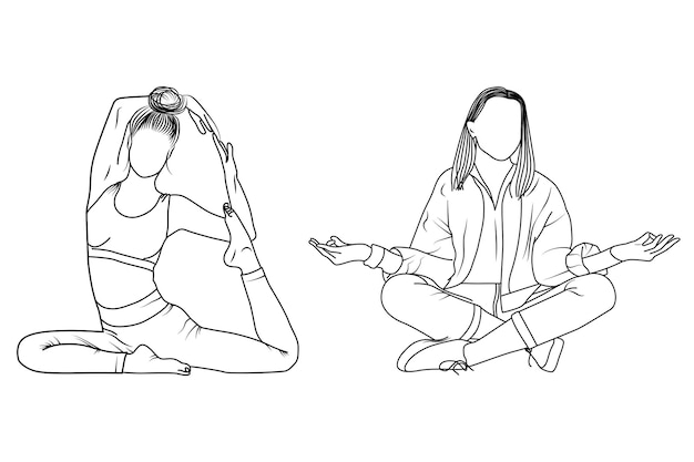 Women's yoga pose outlines elegant retro line artwork