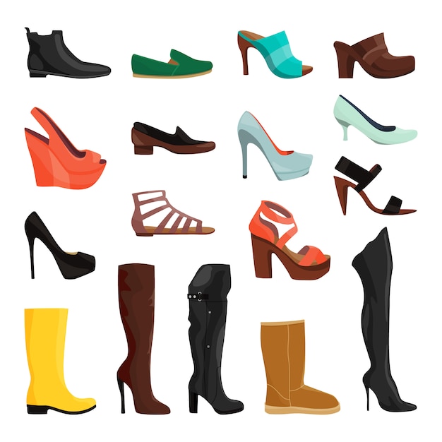 Vector women shoes in different styles. vector illustrations. set of female footwear elegance and glamour