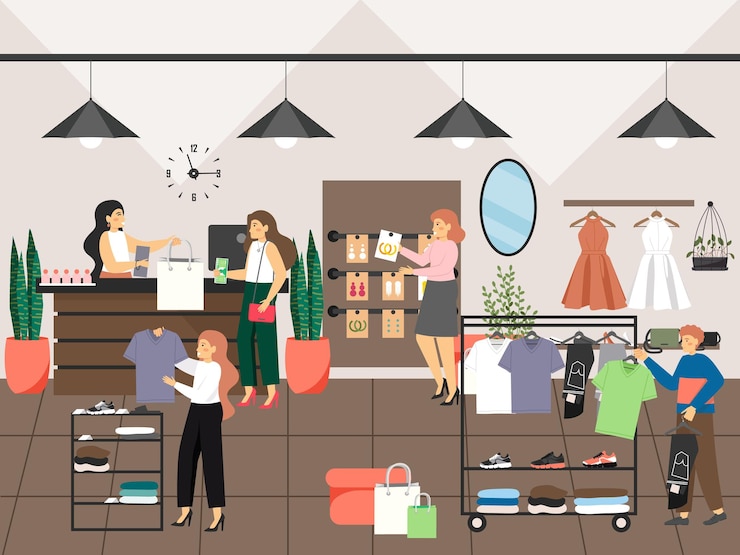 Vector 衣料品店やアパレルブティックで買い物や洋服を買う女性。ファッションドレスの概念ベクトルイラスト。脱衣所で着替えをしようとしている女性客。ファッション店のインテリア