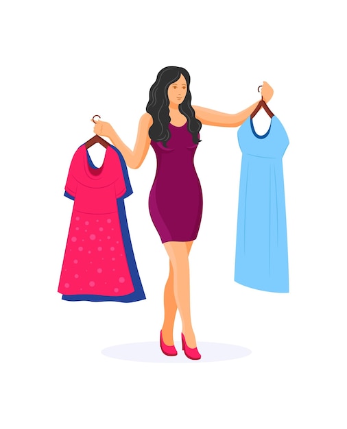 Vector women shopping in a clothing store young beautiful girl with dresses in hands choosing clothes