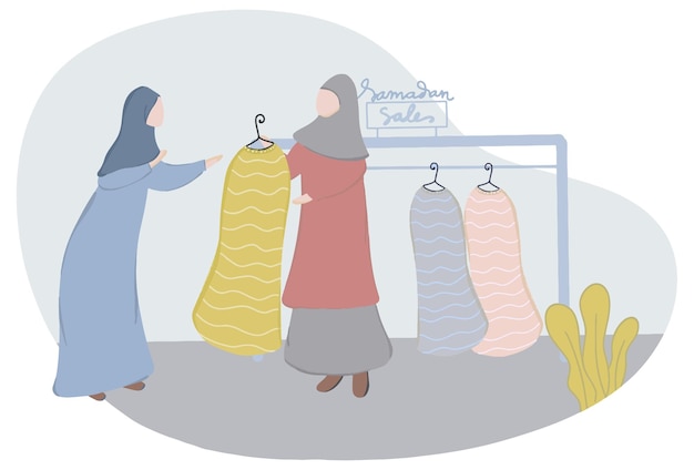 Women shopping in ramadan sale flat concept illustration