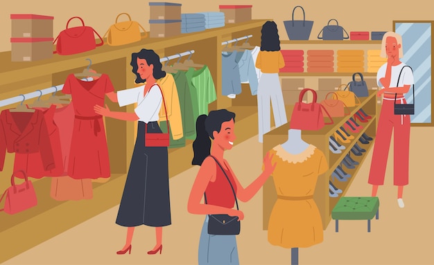 Vettore le donne lo shopping. le donne scelgono di acquistare vestiti, borse e tacchi alti nel negozio. illustrazione in uno stile piatto