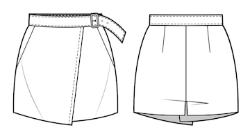 Vecteur Stock Vector mini skirt short fashion, wrapped woman skort with  elasticized waistband sketch, template, flat, technical drawing. Jersey or  woven fabric top with front, back view, white color