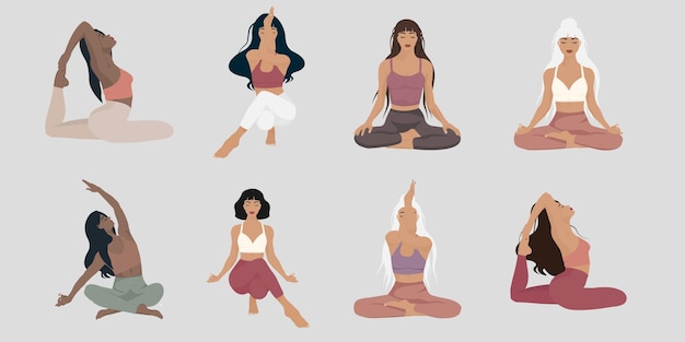 Sagome di donne raccolta di pose yoga in stili piatti