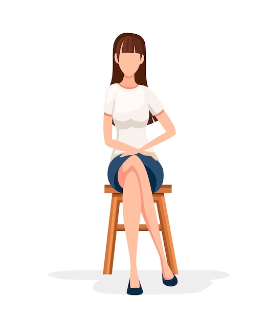 女性は木の椅子に座る。顔文字なし。フォーマルな服装で組んだ足で座っている女の子。白い背景の上の図