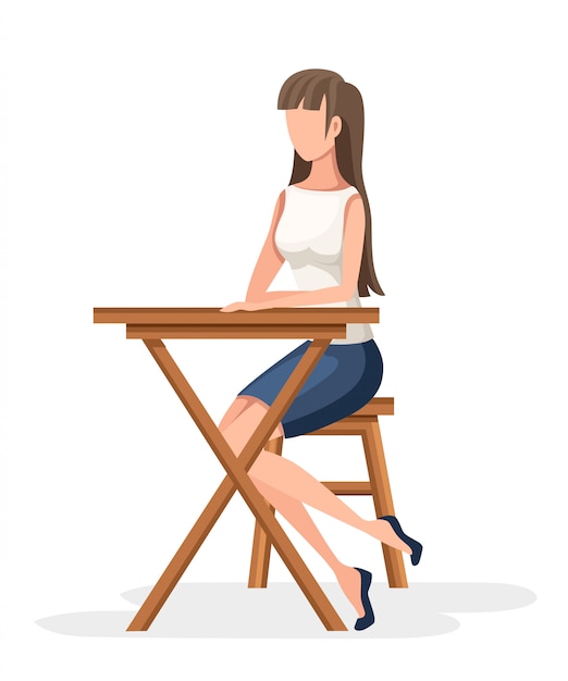 Women sit on wooden chair. no face character . girl sit with crossed legs in formal wear, wooden desk.   illustration  on white background