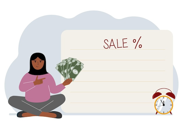 The women sits crosslegged and holds a lot of cash Nearby is a poster with the text sale and a percent sign Sale discount or black friday concept