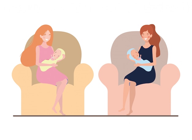 Women sitting on the couch with a newborn baby in her arms