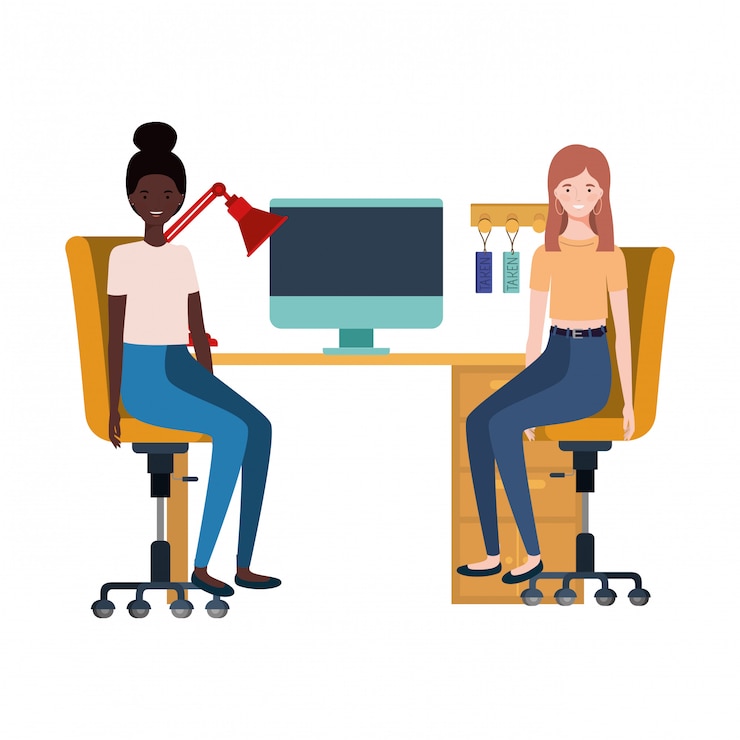 Vector women sitting in the work office with white
